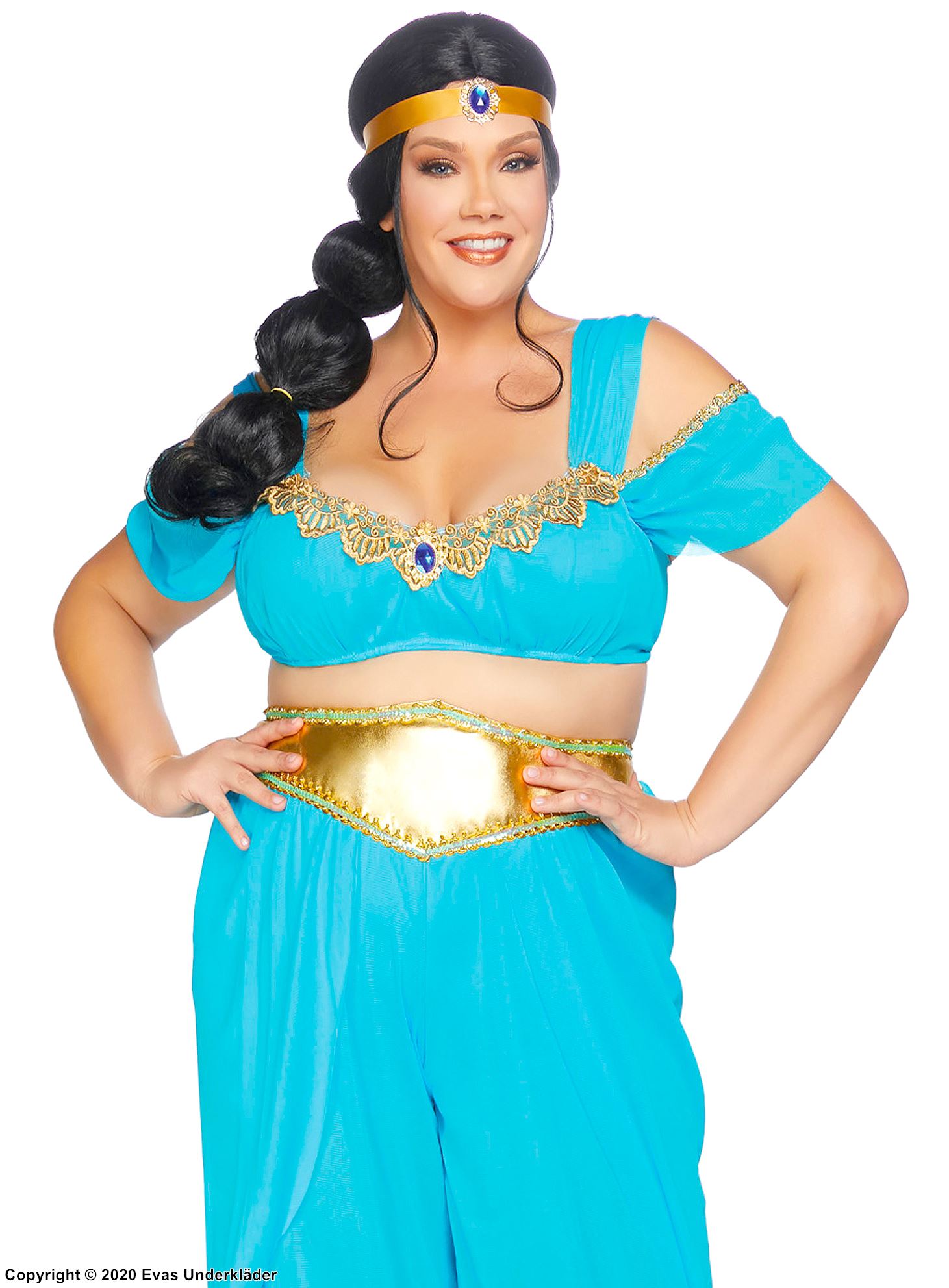 Princess Jasmine from Aladdin, costume top and pants, rhinestones, cold shoulder, XL to 4XL